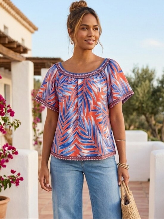 Flying Tomato Tops - Flying Tomato Tropical Leaf Print Blouse XS Orange Blue Off Shoulder Boho Top